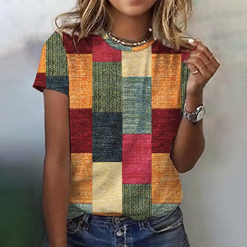 European And American Leisure Color Checkered Short Sleeve Round Neck Top view 2