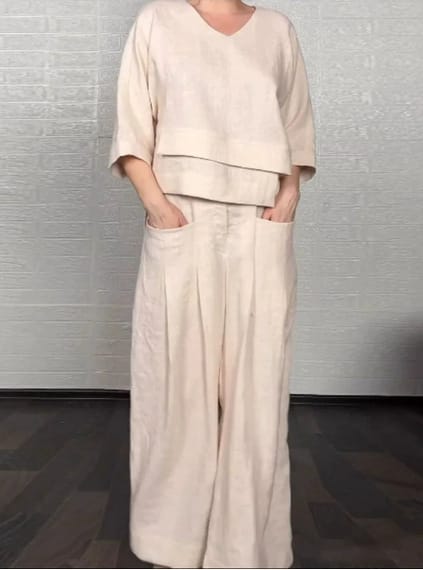 Solid Color Round Neck Long Sleeve Casual Top Straight-leg Pants Two-piece Set view 2