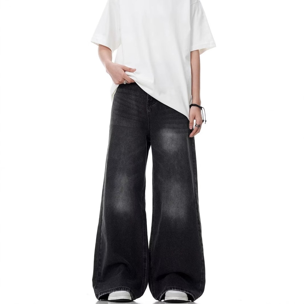 Washed Distressed Straight Loose Retro Black Jeans view 2