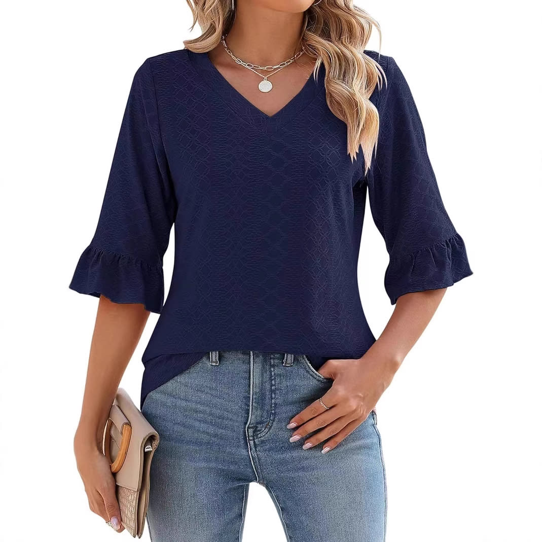 Women's Printed Hollow Ruffle Sleeve Casual Short-sleeved Top view 8