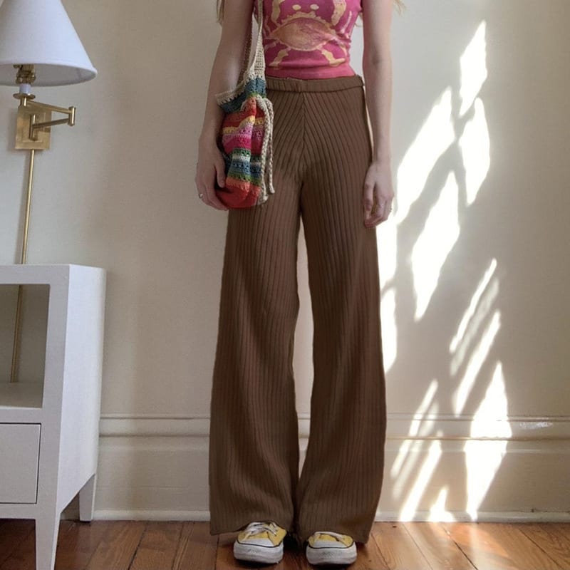 American Retro Solid Color Rib Fabric Basic Knitted Trousers view 4