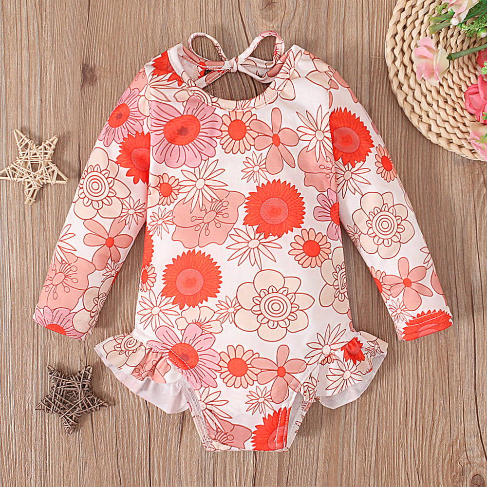 Girl's Pattern Graphic Print Crew Neck Open Back Swimsuit view 7