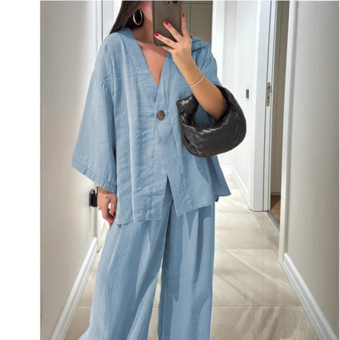 New Fashion Loose-fitting Women's V-neck Top And Wide Leg Pants Casual Suit view 9