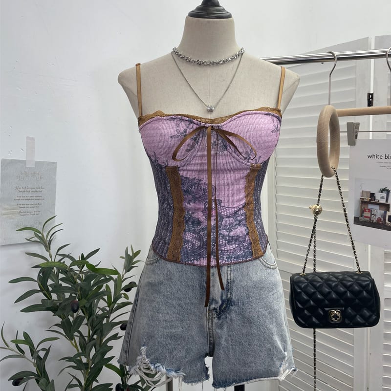 Vintage Ink Painting With Chest Pad Short Lace Up Tube Top For Women view 2