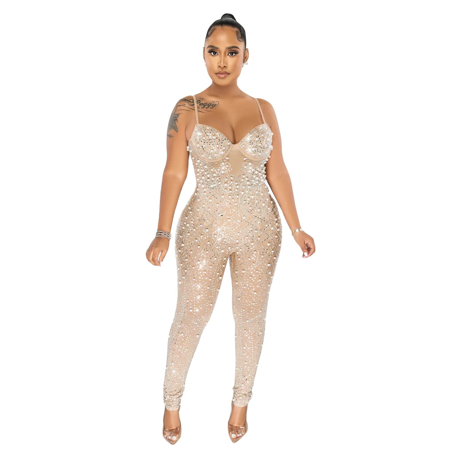 Women's Pure Color Mesh Rhinestone Sleeveless Trousers Jumpsuit view 8