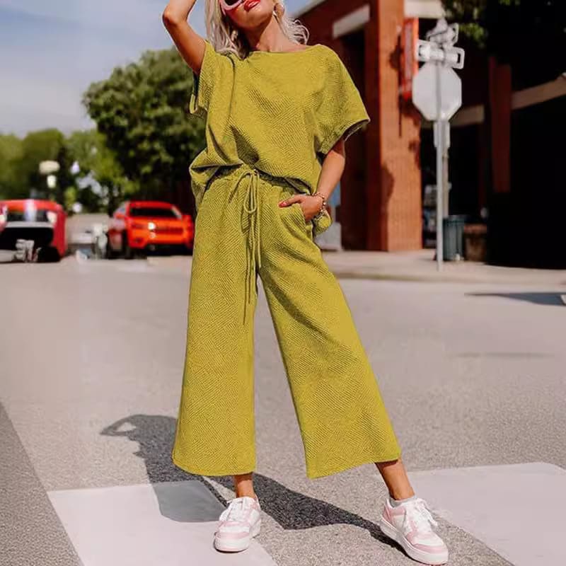 Solid Color Texture Casual Fashion Women's Wear Short-sleeved Trousers Two-piece Set view 13