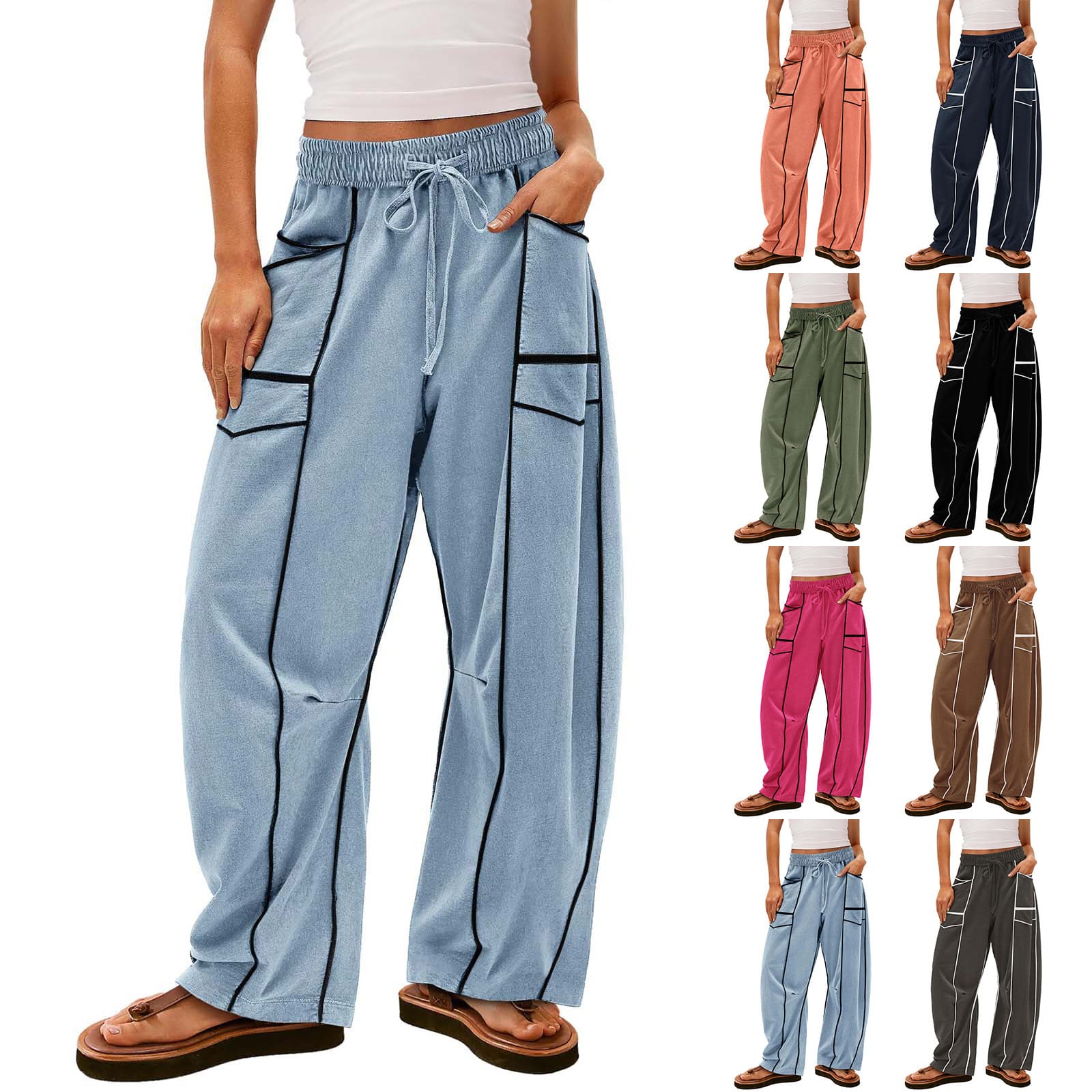 Y2K Black Striped Wide-leg Pants With Pockets Fashion Loose Drawstring Trousers Sports Sweatpants Women's Clothing view 8