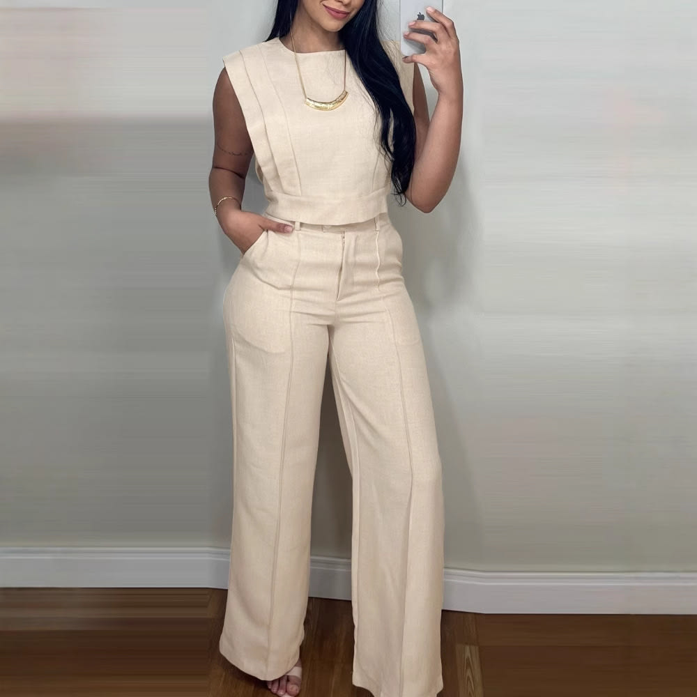Summer Sleeveless Suit Fashion Round Neck Vest Top And Pocket Straight Pants Casual Trousers Set For Women Clothing view 3