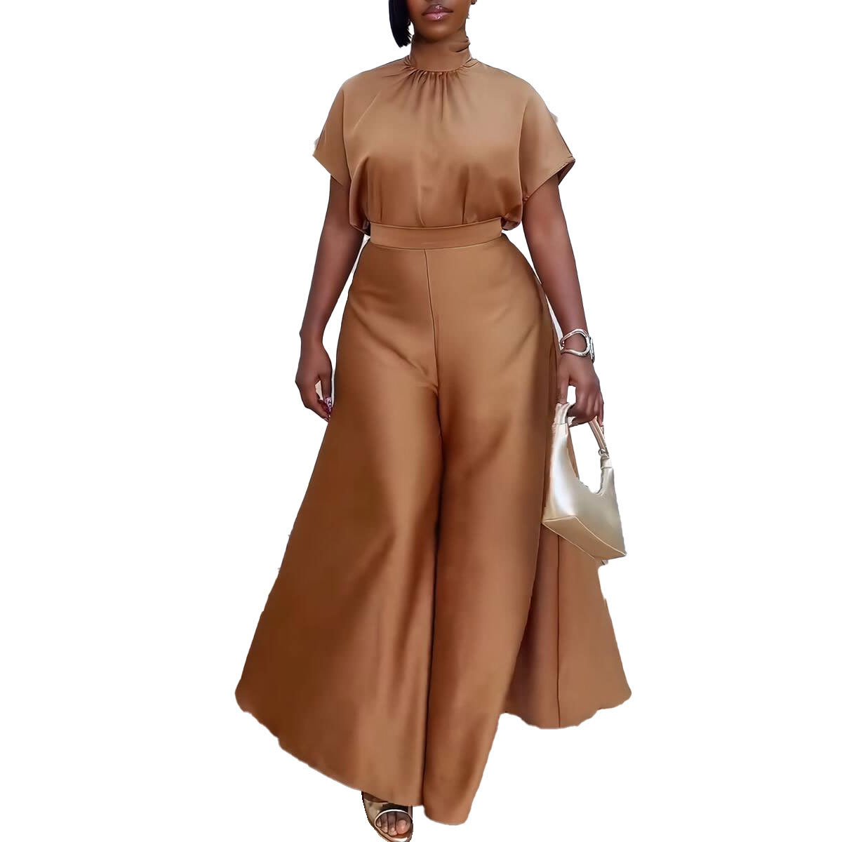 Satin Silky Strap Flounced Sleeve Wide Leg Two-piece Set view 3