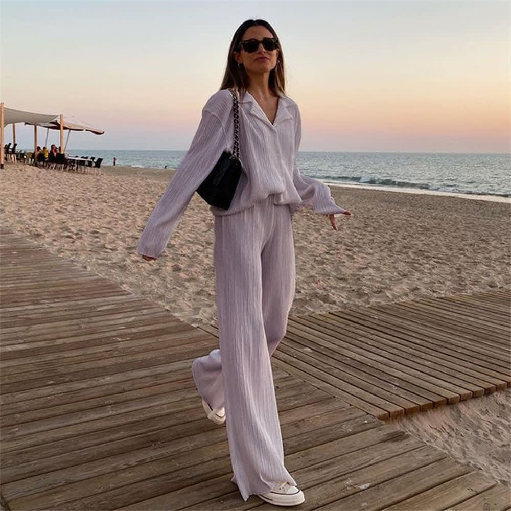 Pleated Design Shirt Outfit Straight-leg Trousers Loose Drooping Two-piece Set view 20