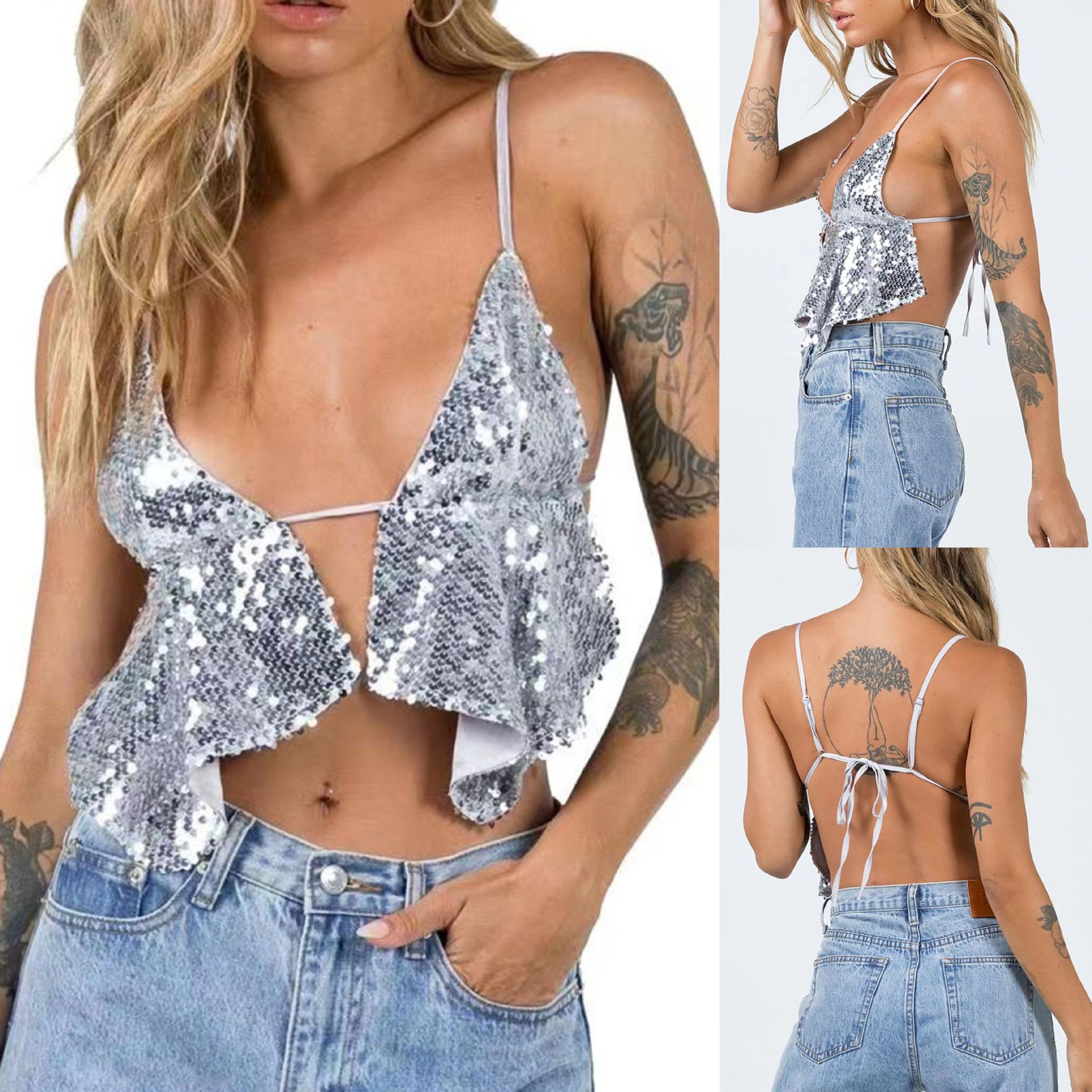 Women's V-neck Lace Up Beaded Backless Camisole Vest view 5