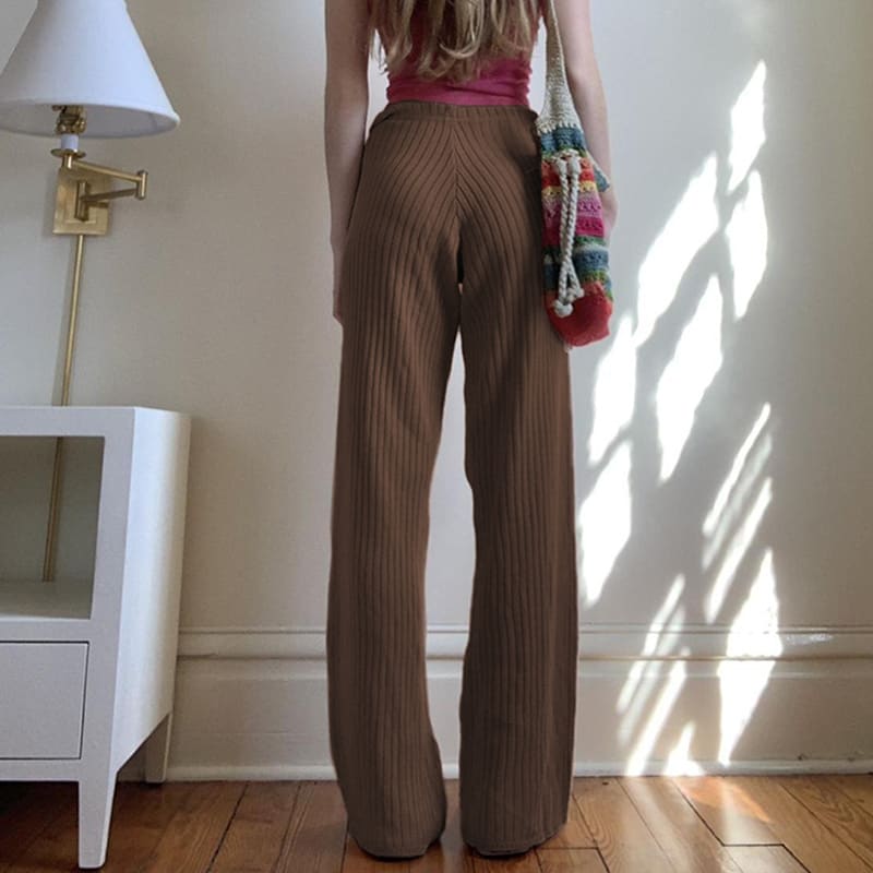 American Retro Solid Color Rib Fabric Basic Knitted Trousers view 3
