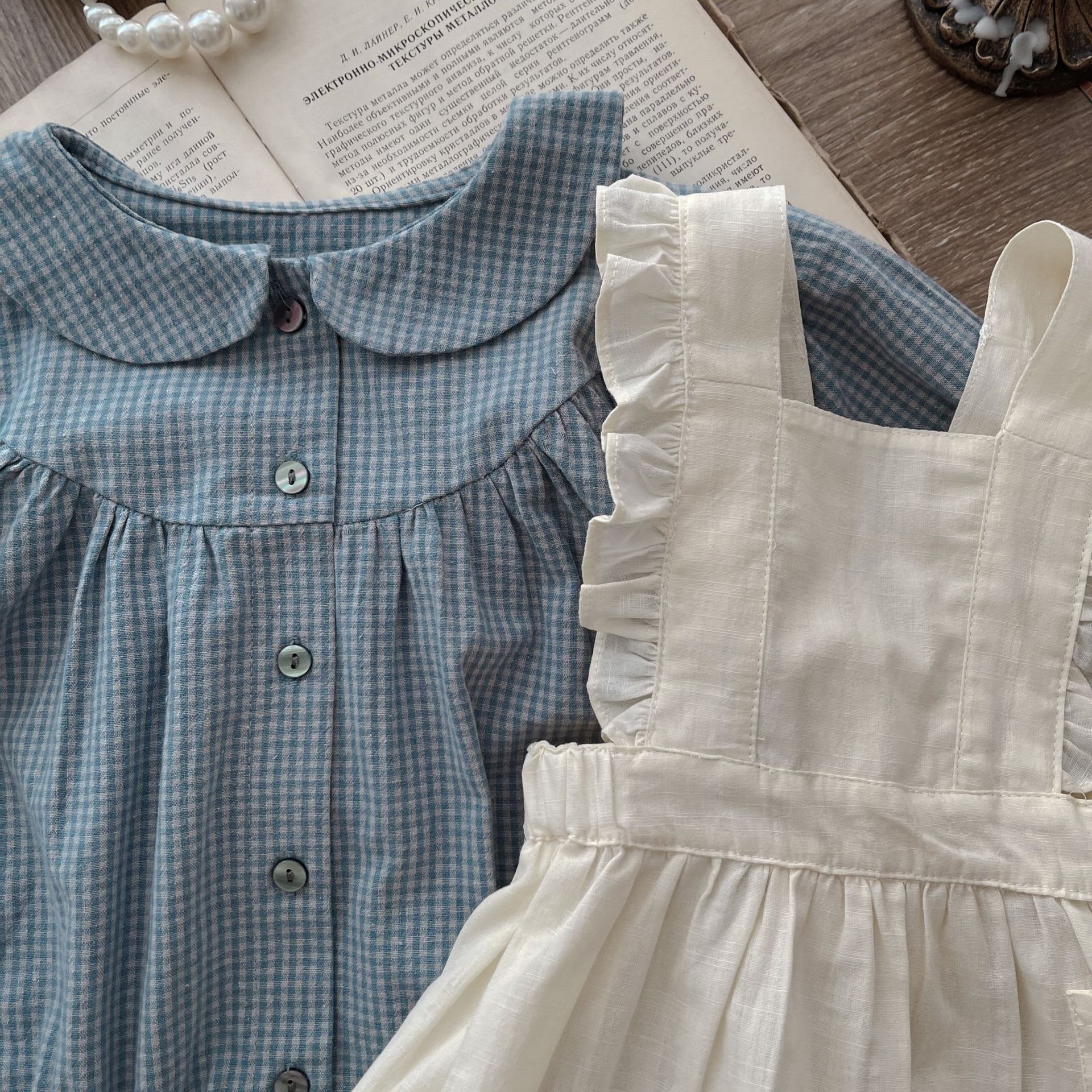 Infant Single-breasted Long Sleeve Small Plaid Romper Sling Small Overskirt view 14