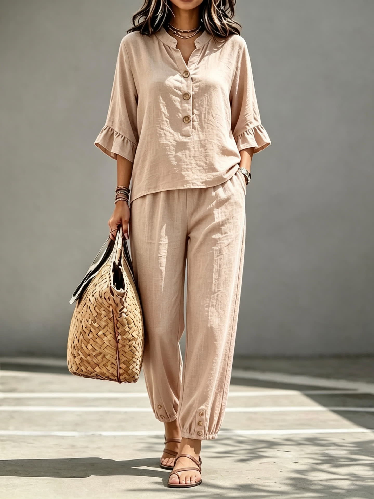 2pcs Set Women's Casual V-neck Collar Button Top Three-quarter-sleeve Top And Cropped Wide Leg Trousers Set Retro Female Office Suit view 2