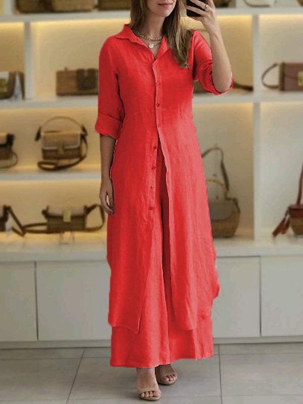 Urban Elegant Cotton And Linen Slim-fit Waist-tight Long Shirt Wide-leg Pants Suit view 11