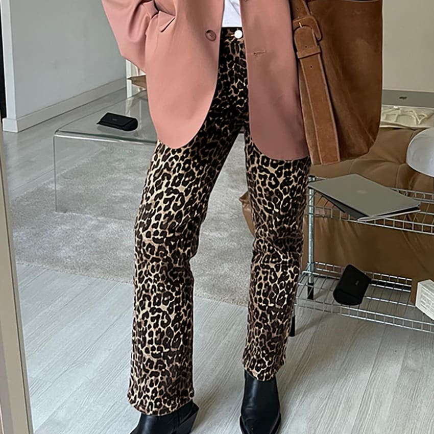 Leopard Print High Waist Straight Pants Retro Smart Trousers Women view 4