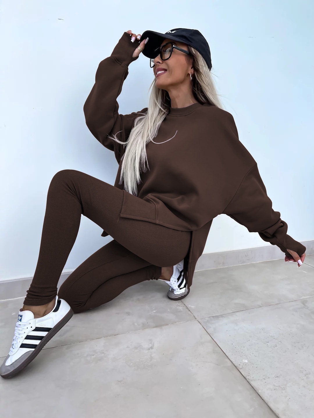 Sweater Suit Women's Casual Loose Long Sleeve Crew Neck Split Top Tight Trousers view 26