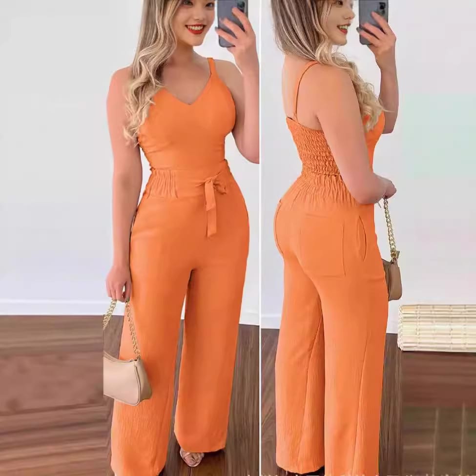 Women's Solid Color Slim Elastic Pleated Two-Piece Suit Sexy Spaghetti Strap V-neck Backless Vest High Waist Wide Leg Pants Suit view 3