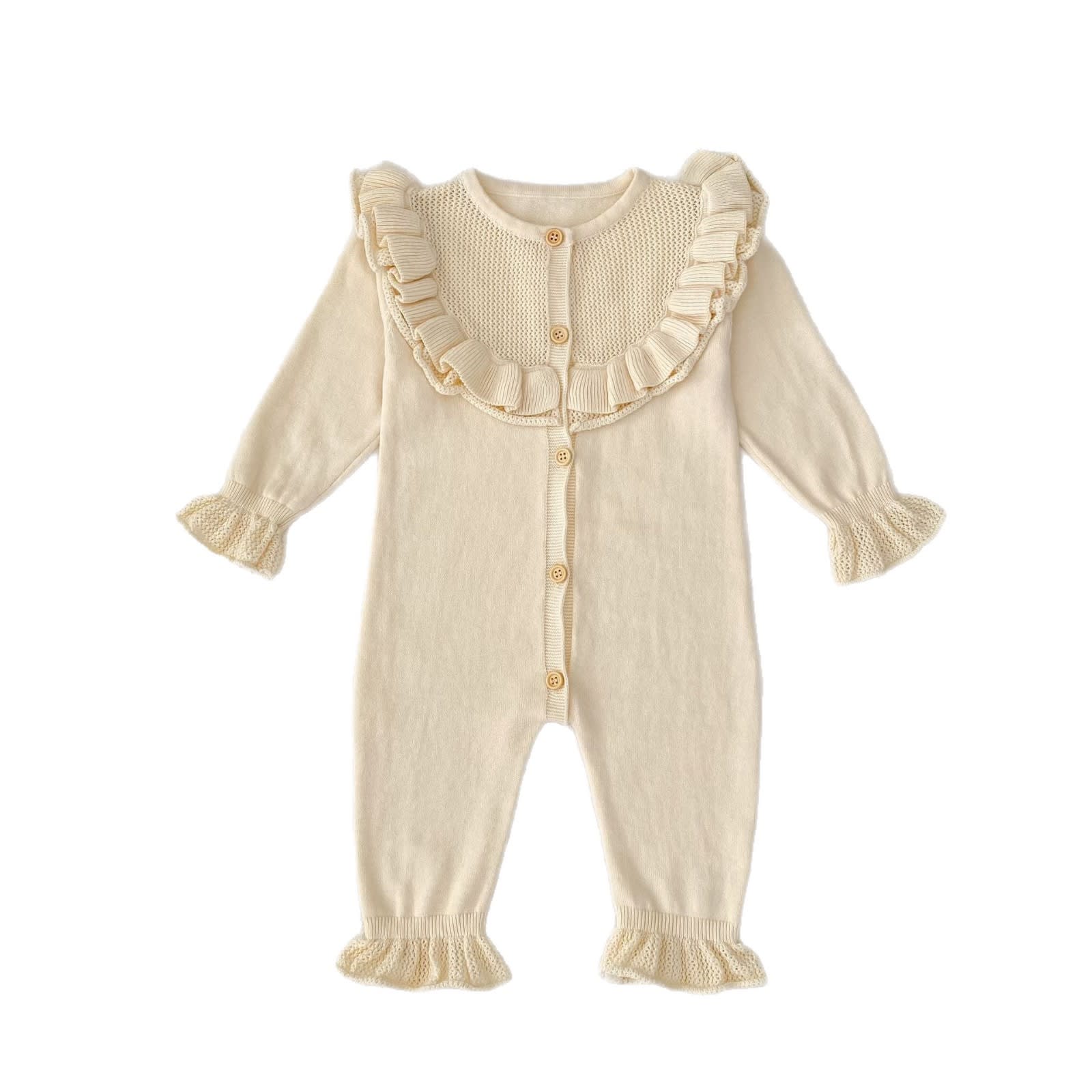 Baby Girl Round Neck Ruffled Stitching Long Climbing Fashionable Stylish Solid Color Jumpsuit view 6