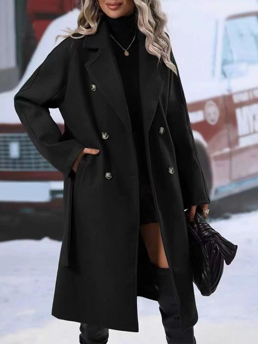 Women's Solid Color Polo Collar Lace Up Double Breasted Long Trench Coat view 6
