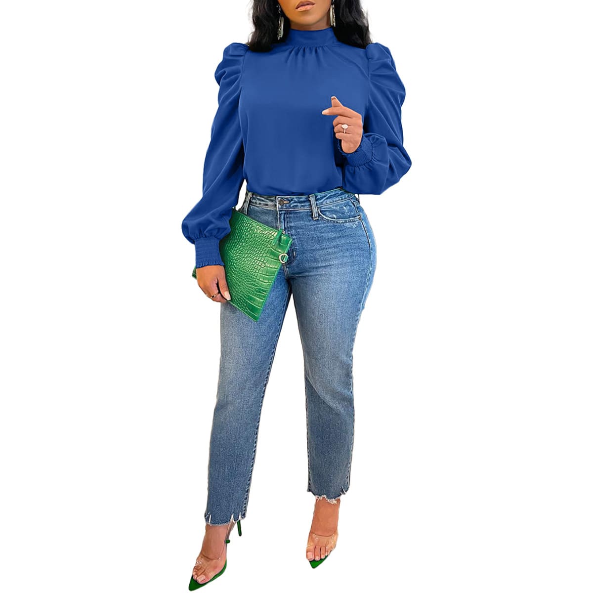 Stand Collar Puff Sleeve Back Lace-up Top view 8