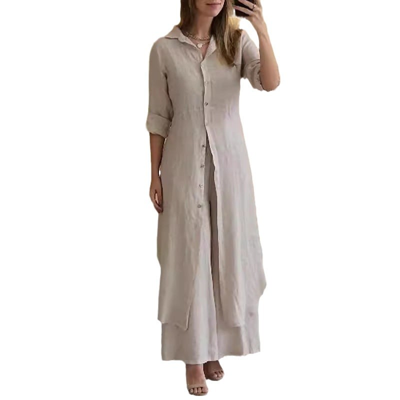 Urban Elegant Cotton And Linen Slim-fit Waist-tight Long Shirt Wide-leg Pants Suit view 10