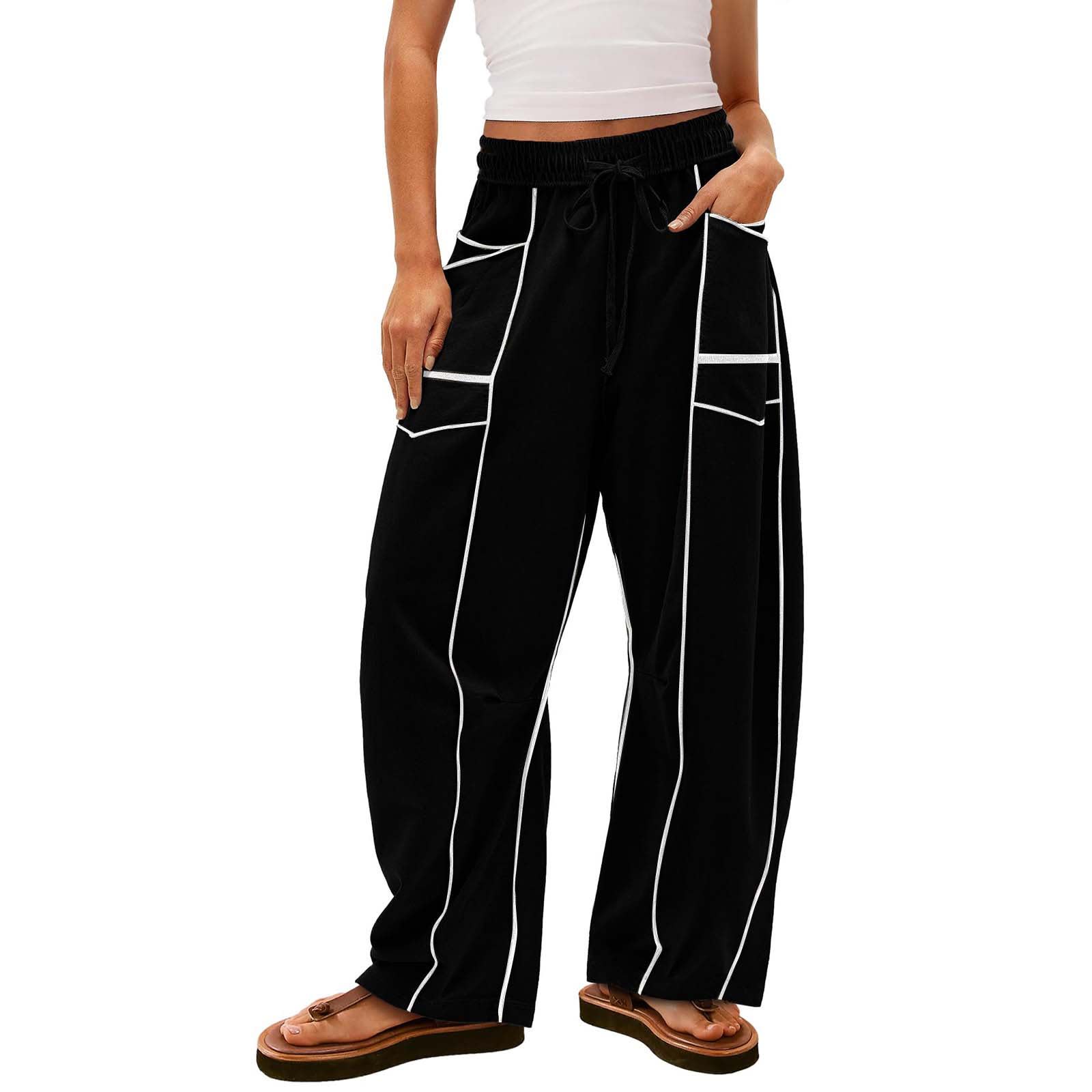 Y2K Black Striped Wide-leg Pants With Pockets Fashion Loose Drawstring Trousers Sports Sweatpants Women's Clothing view 4