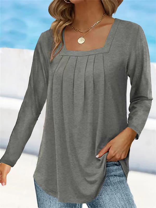 Women's Pleated Square Collar Long Sleeve Imitation Cotton Large Size T-shirt view 4