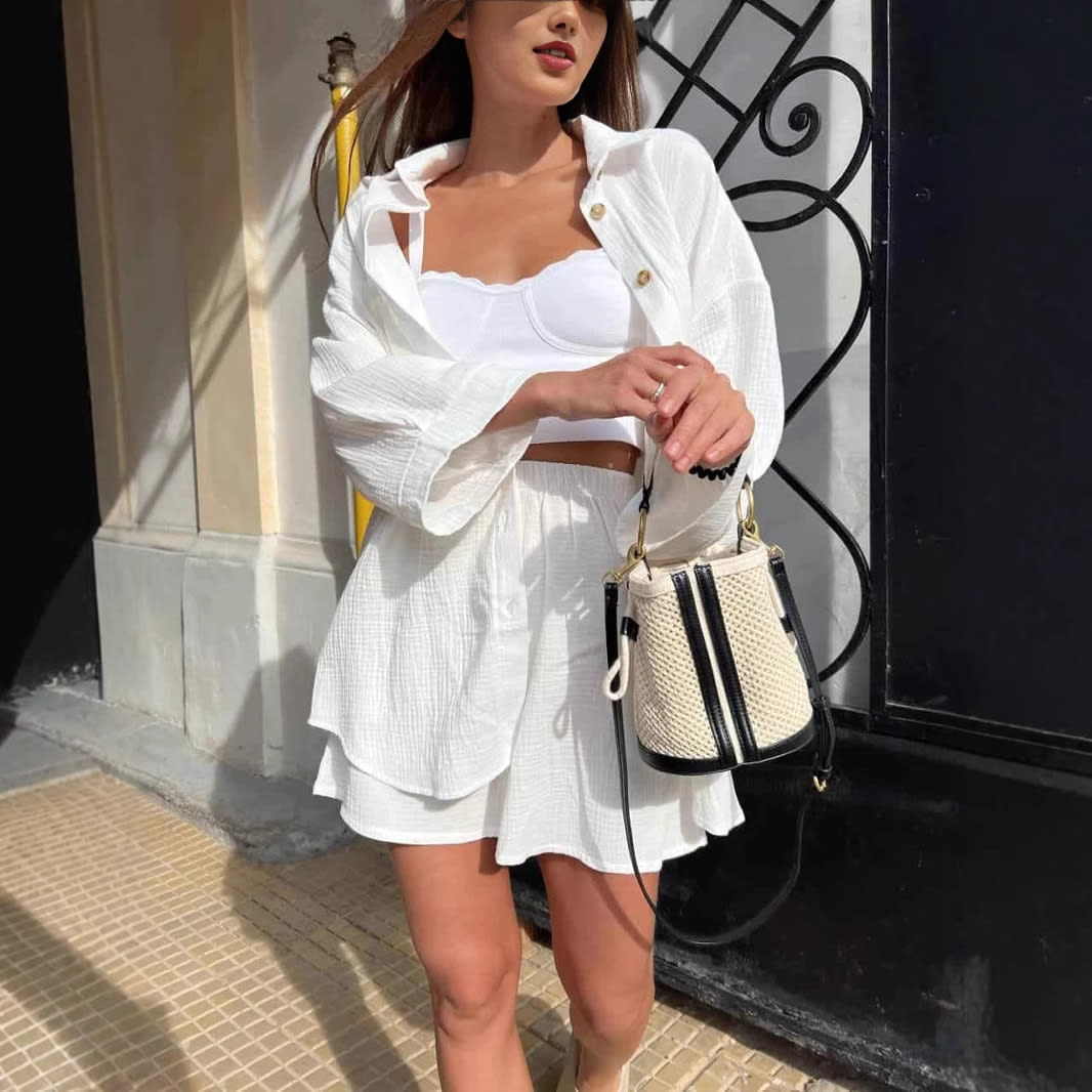Women's Solid Color Cardigan Breasted Top Fashion Shorts Two-piece Set view 6