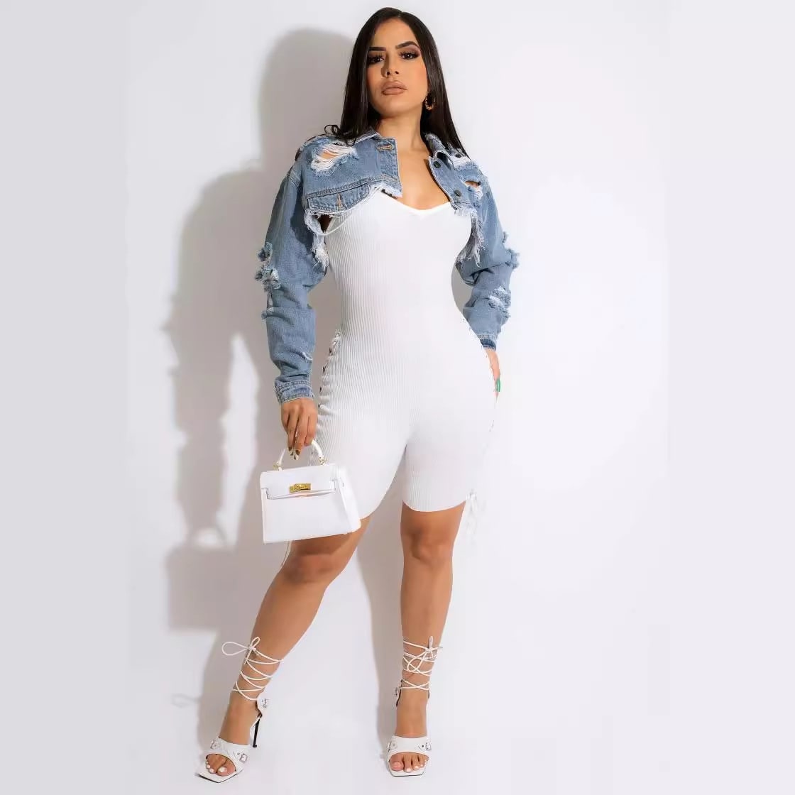 European And American Sexy Fashion Short Washed Denim Jacket Top view 2