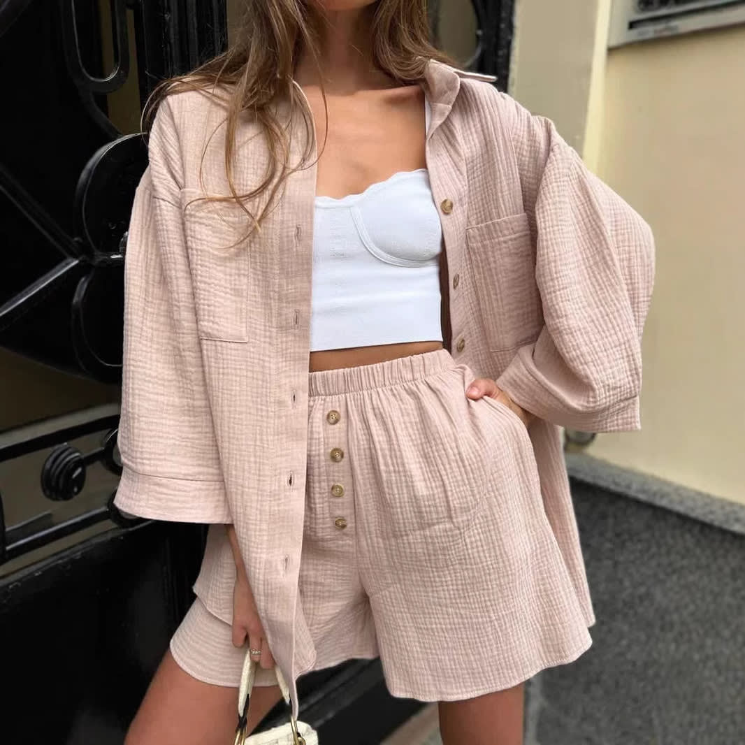 Women's Solid Color Cardigan Breasted Top Fashion Shorts Two-piece Set view 8