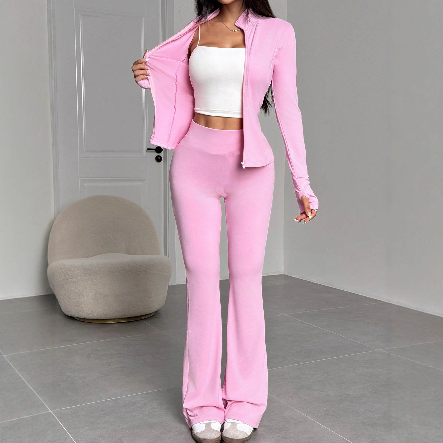 Women's Stand Collar Zipper Solid Color Long-sleeved Top And Trousers Suit view 5