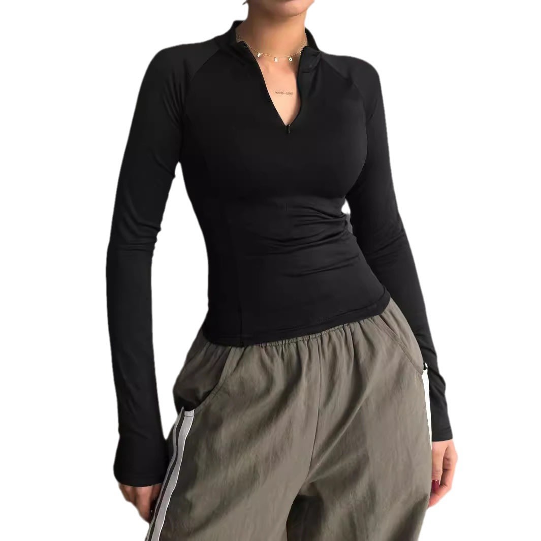 European And American Sports Style Long-sleeved T-shirt Solid Color Y2g Half-open Collar Short Top