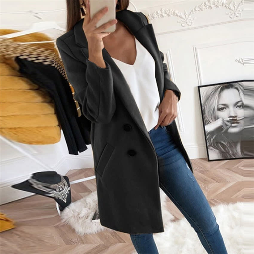 Solid Color Polo Collar Mid-length Button Woolen Coat view 9
