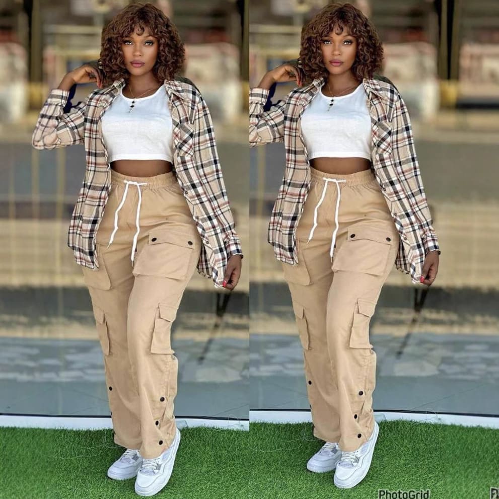 Women's Fashion Casual Simple Plaid Shirt Multi-pocket Cargo Pants Plus Size Three-piece Suit view 2