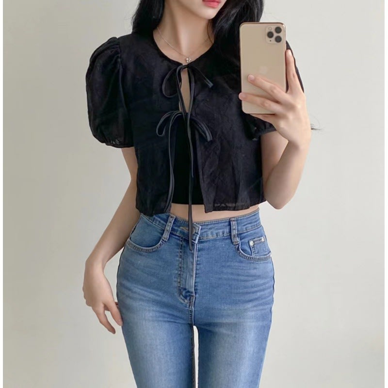 Chic Lace-up Crocheted Short-sleeved Blouse Shirt view 3