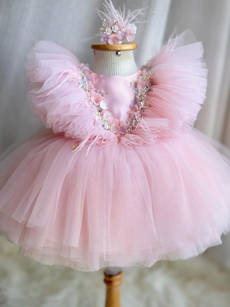 Year-Old Beaded Flower Princess Dress Girls' Veil Dress Sweet view 5
