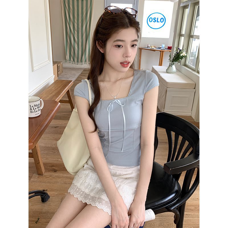 Women's Summer Slim Fit Niche Chic Square Collar Short Sleeve T-shirt Top view 47
