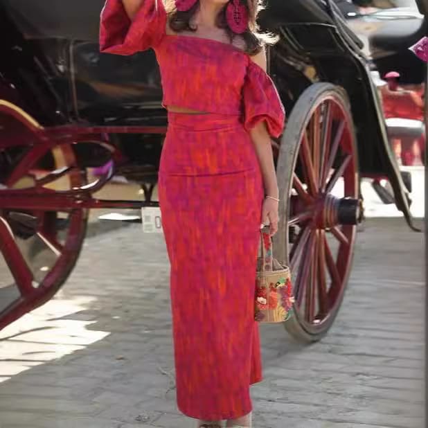 Elegant Bandeau One-shoulder Puff Sleeve Top Mid-length Dress Set Lightly Mature view 12