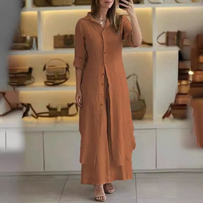 Urban Elegant Cotton And Linen Slim-fit Waist-tight Long Shirt Wide-leg Pants Suit view 6