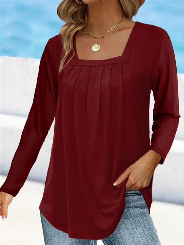 Women's Pleated Square Collar Long Sleeve Imitation Cotton Large Size T-shirt view 7