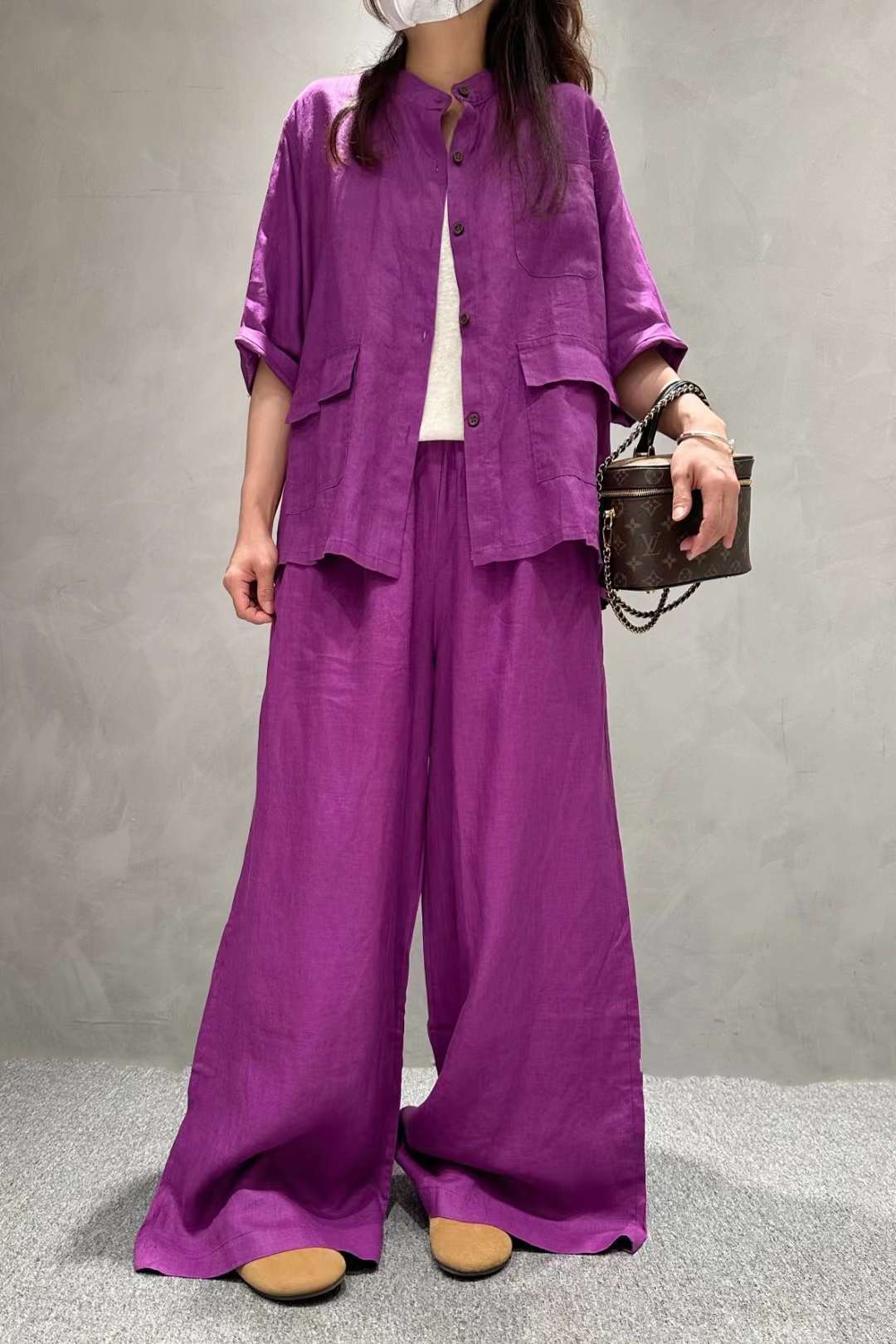 Solid Color Linen Suit Half Sleeve Shirt Casual Pants view 3
