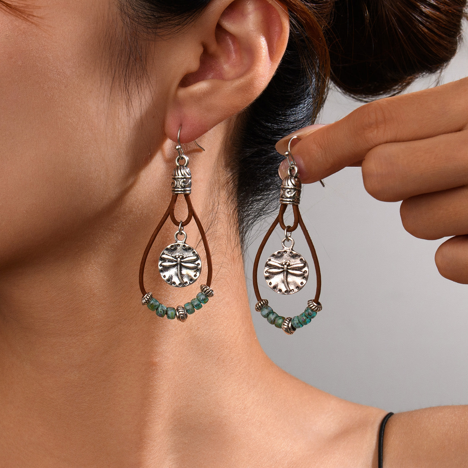 Vintage Earrings Ethnic Style Antique Silver Flower Turquoise Rope Pendant Women's Jewelry view 7