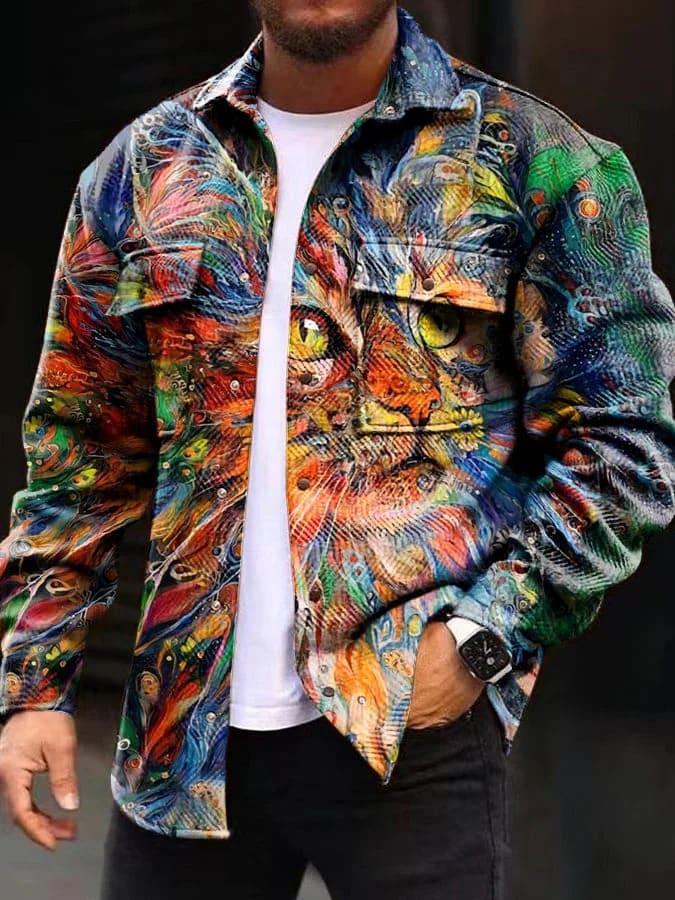 Printing Lapel Men's Jacket Single-breasted Plaid Top view 15