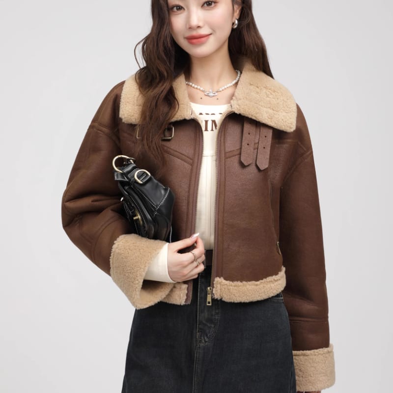 Stand Collar Fur Integrated Lamb Fur Short Coat view 21