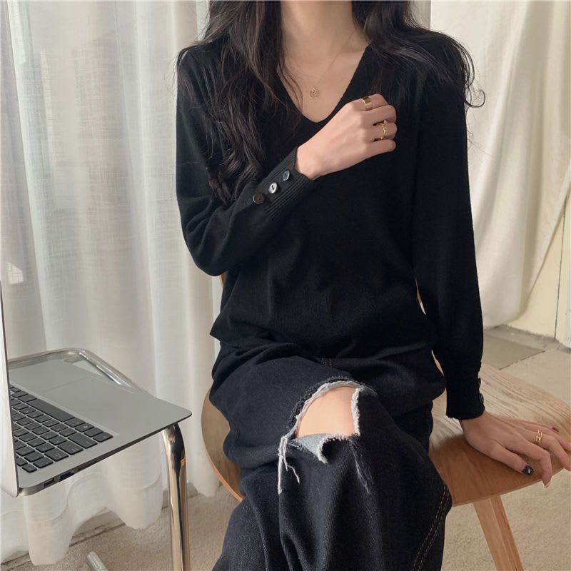 All-match V-neck Long-sleeved Bottoming Sweater For Women view 8