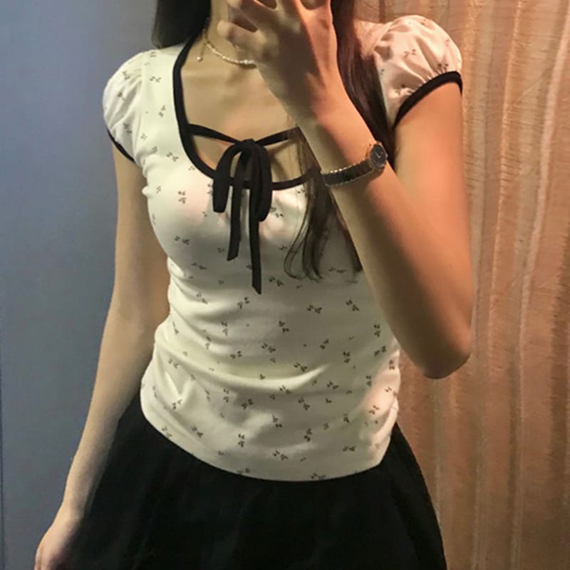 Floral Print Lace-up Hemming Puff Short Sleeve Knitted Top view 18