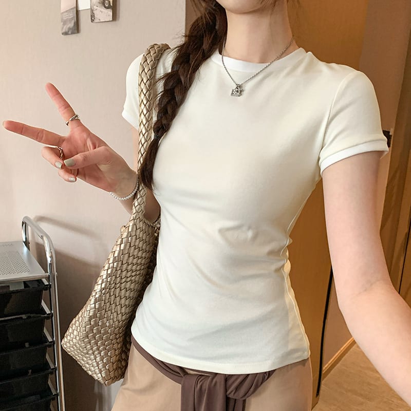 Korean Chic Color Contrast Patchwork Shoulder Round Neck Short Sleeve view 6