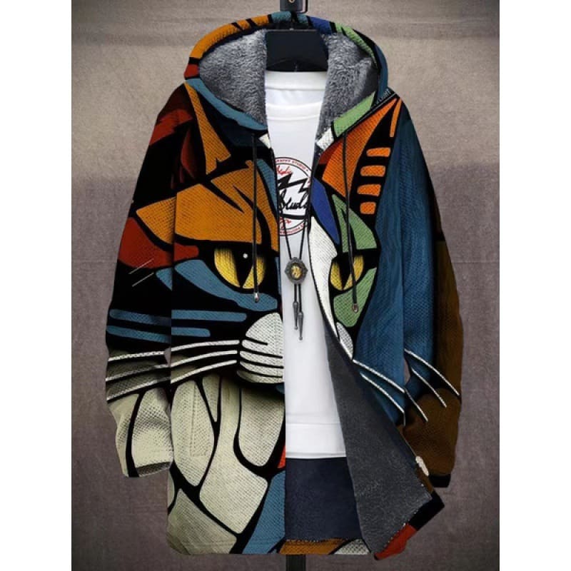 Men's Coat Winter Print Plush Lining Thick Windproof Jacket Long Sleeve Zipper view 7