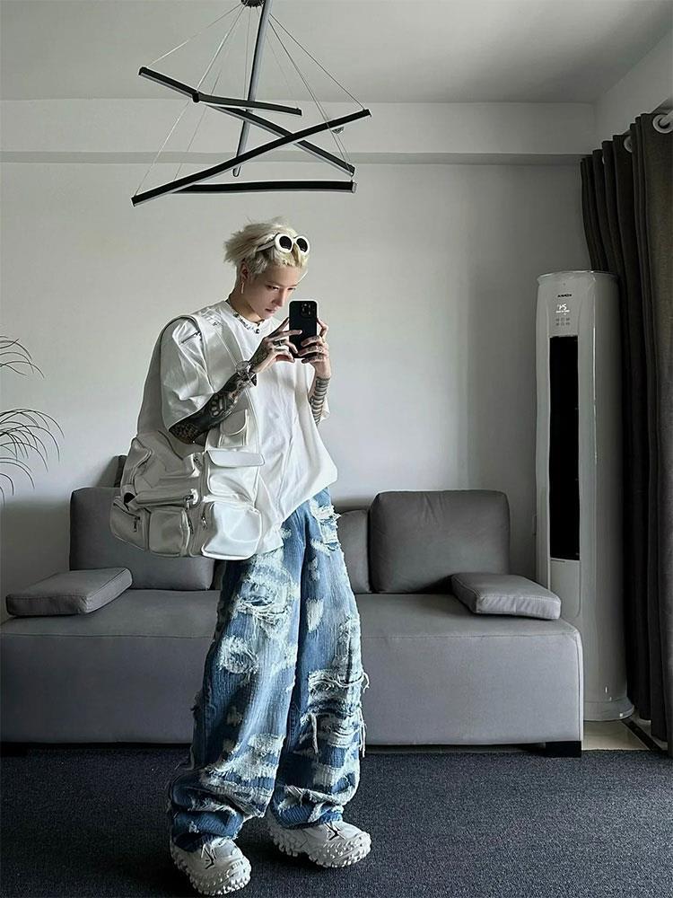 T European And American Fashion Brand Blue With Holes Jeans Men's Autumn Thin American Chic Pants Wide Leg view 5